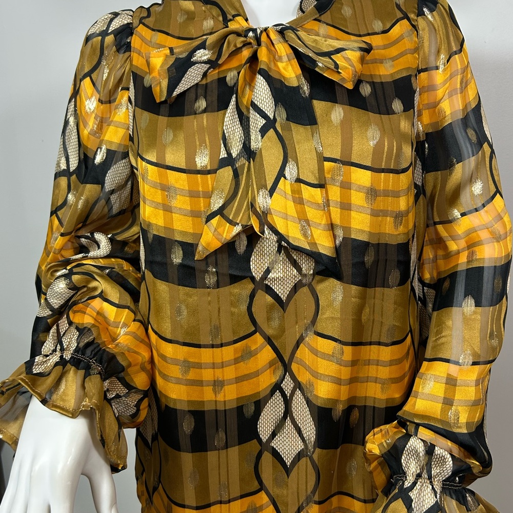 Joie Blouse M Gold Yellow Orange Brown Long Puff Sleeve Ruffle Tie Geometric